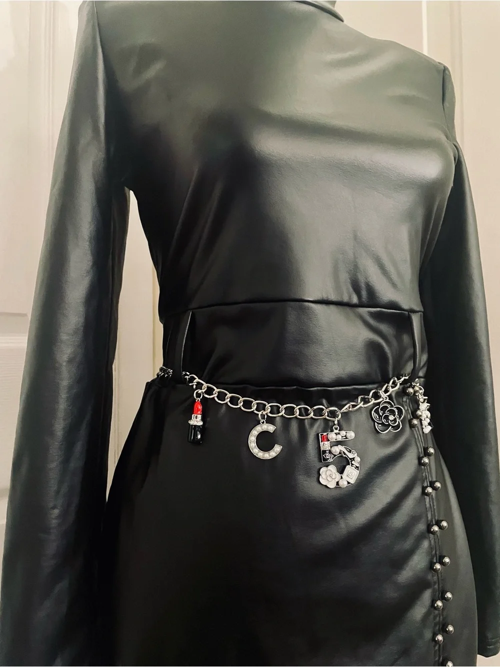 Black Crystal Charm Chain Belt for Women